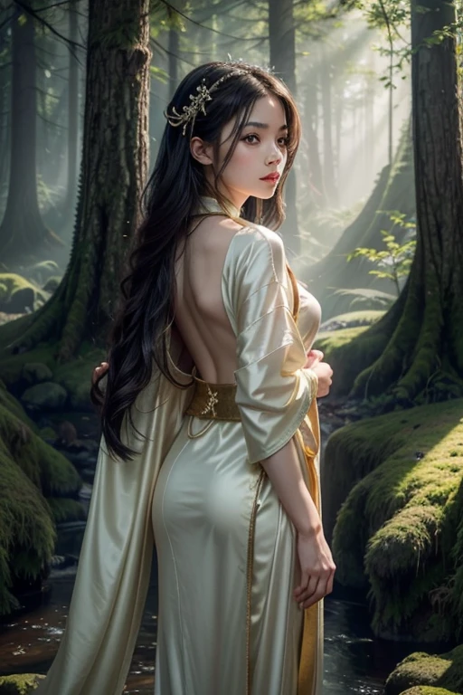 Create an image of an extraordinarily beautiful and graceful Asian girl. She has long, flowing black hair that cascades down her back, with striking almond-shaped eyes and flawless, porcelain skin. She is dressed in an elegant, mysterious outfit that combines traditional Asian elements with modern fashion, such as a silk kimono with intricate gold embroidery paired with stylish, high-heeled boots. Her outfit is adorned with delicate, shimmering accessories that catch the light, adding to her ethereal appearance.
The background is a fantastical landscape, perhaps an enchanted forest with towering, ancient trees covered in luminescent moss and surrounded by floating, glowing lanterns. The air is filled with a soft mist, giving the scene a dreamlike quality. There are sparkling streams and waterfalls that reflect the ambient light, creating a magical atmosphere.
The lighting in the image is striking and dynamic. Rays of bright, radiant sunlight filter through the trees, casting a warm, golden glow over the scene. This sunlight highlights the girl's features and her mysterious attire, making her the focal point of the image. The interplay of light and shadow adds depth and drama to the composition, enhancing the fantastical and mysterious mood of the scene
