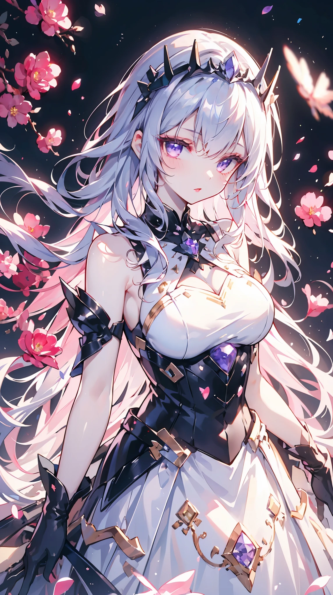 Black tiara with diamond in the middle、Thin body、Beautiful breasts、Red lipstick、Pale skin、Shiny purple eyes、The black dress、White ruffles on skirt、Black rose petals fluttering、high resolution、high quality、High Definition