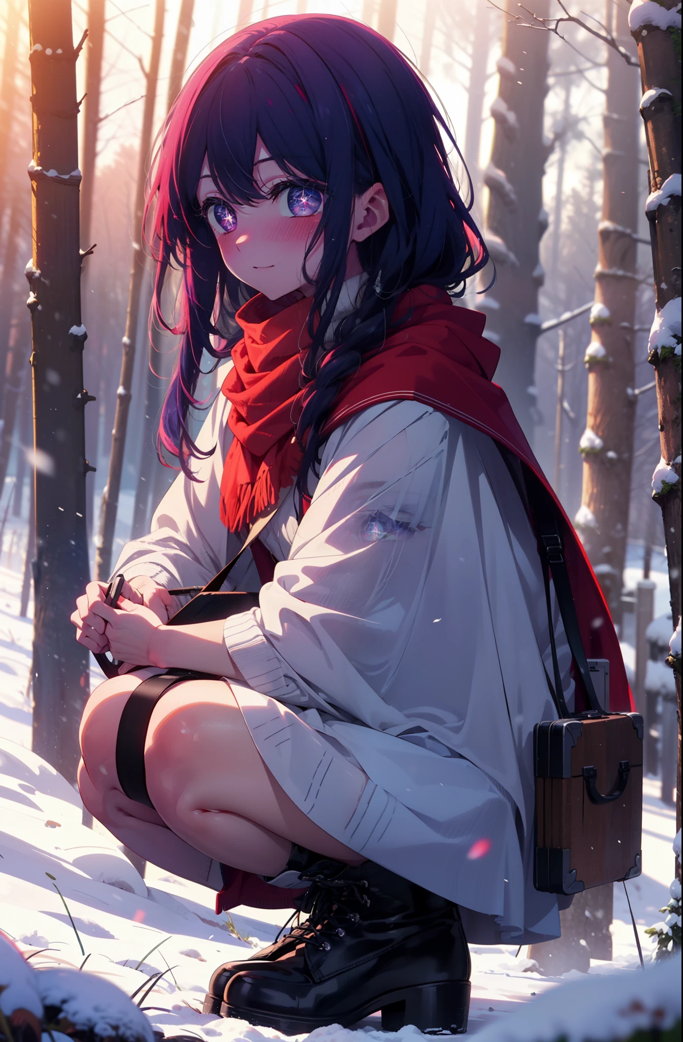 aihoshino, Ai Hoshino, Long Hair, bangs, (Purple eyes:1.1), Purple Hair, (Symbol-shaped pupil:1.5), smile,,smile,blush,White Breath,
Open your mouth,snow,Ground bonfire, Outdoor, boots, snowing, From the side, wood, suitcase, Cape, Blurred, , forest, White handbag, nature,  Squat, Mouth closed, Cape, winter, Written boundary depth, Black shoes, red Cape break looking at viewer, Upper Body, whole body, break Outdoor, forest, nature, break (masterpiece:1.2), highest quality, High resolution, unity 8k wallpaper, (shape:0.8), (Beautiful and beautiful eyes:1.6), Highly detailed face, Perfect lighting, Extremely detailed CG, (Perfect hands, Perfect Anatomy),