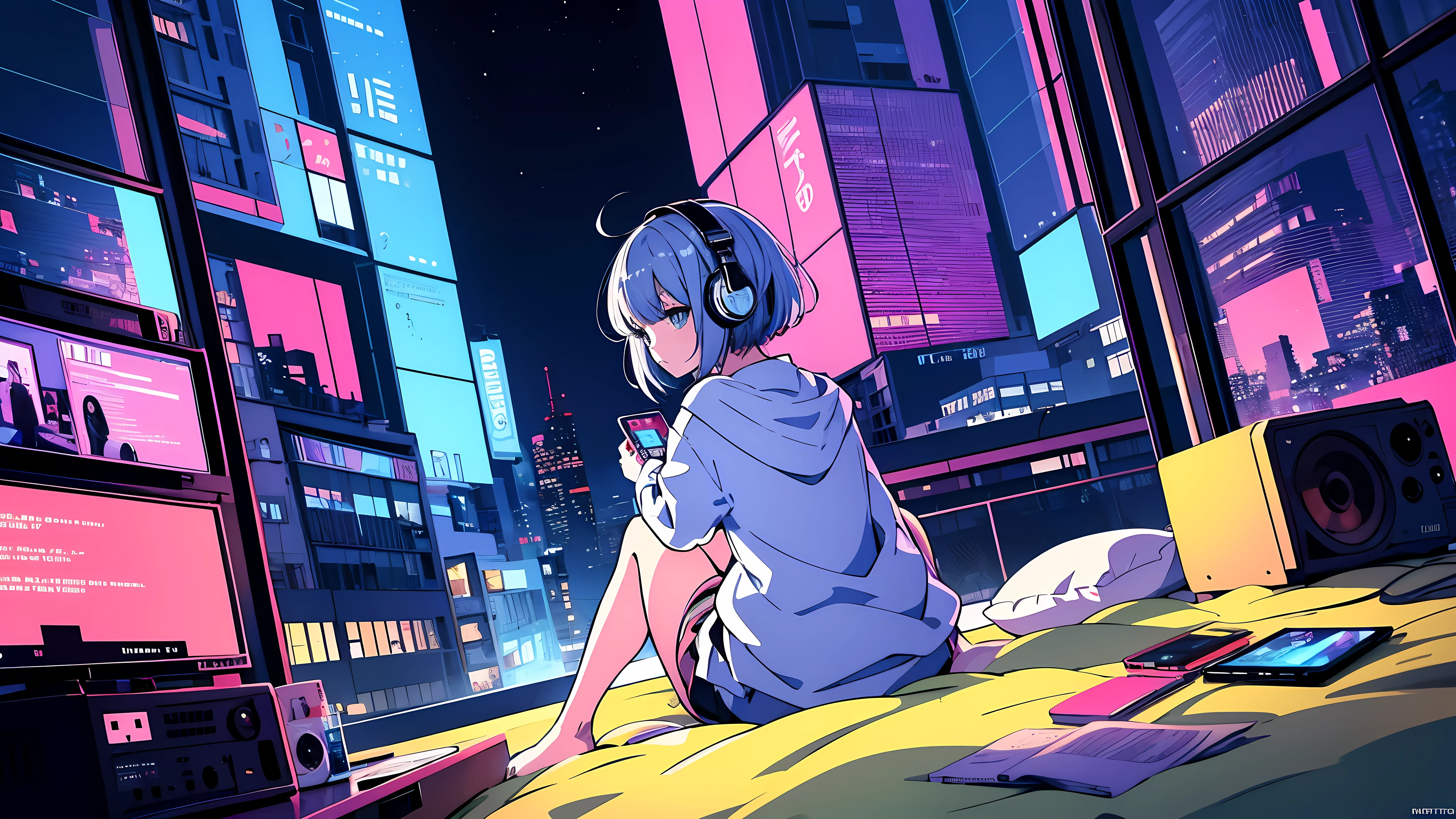 Ultra wide angle, (from behind), Girl listening to music with headphones on bed, anime girl, Girl listening to music in a cozy room (night), Using headphones, on the roof, (beautiful night views from windows), Lots of things, 2D anime style, The aesthetics of anime in the 90s, lo-fi, very detailed, hard disk, A mix of anime style and Fujifilm, surreal, 8K, masterpiece