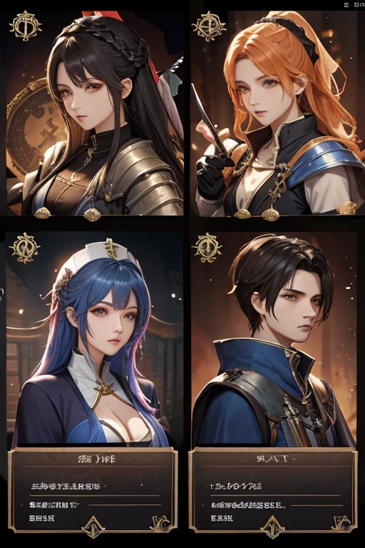 There are a bunch of screenshots of the characters，Characters side by side，Character Portraits，Baroque，Character selection screen，8k character details，In-game graphics，full character，Gothic antique theme，Highly detailed characters，ability image，entire character！Characters side by side， Computer games with user interface，Game character head design adjustment ID card selection game professional warrior mage priest archer ranger knight shield warrior hunter summoner beast trainer priest nurse dancer herbalist shaman druid chef ninja