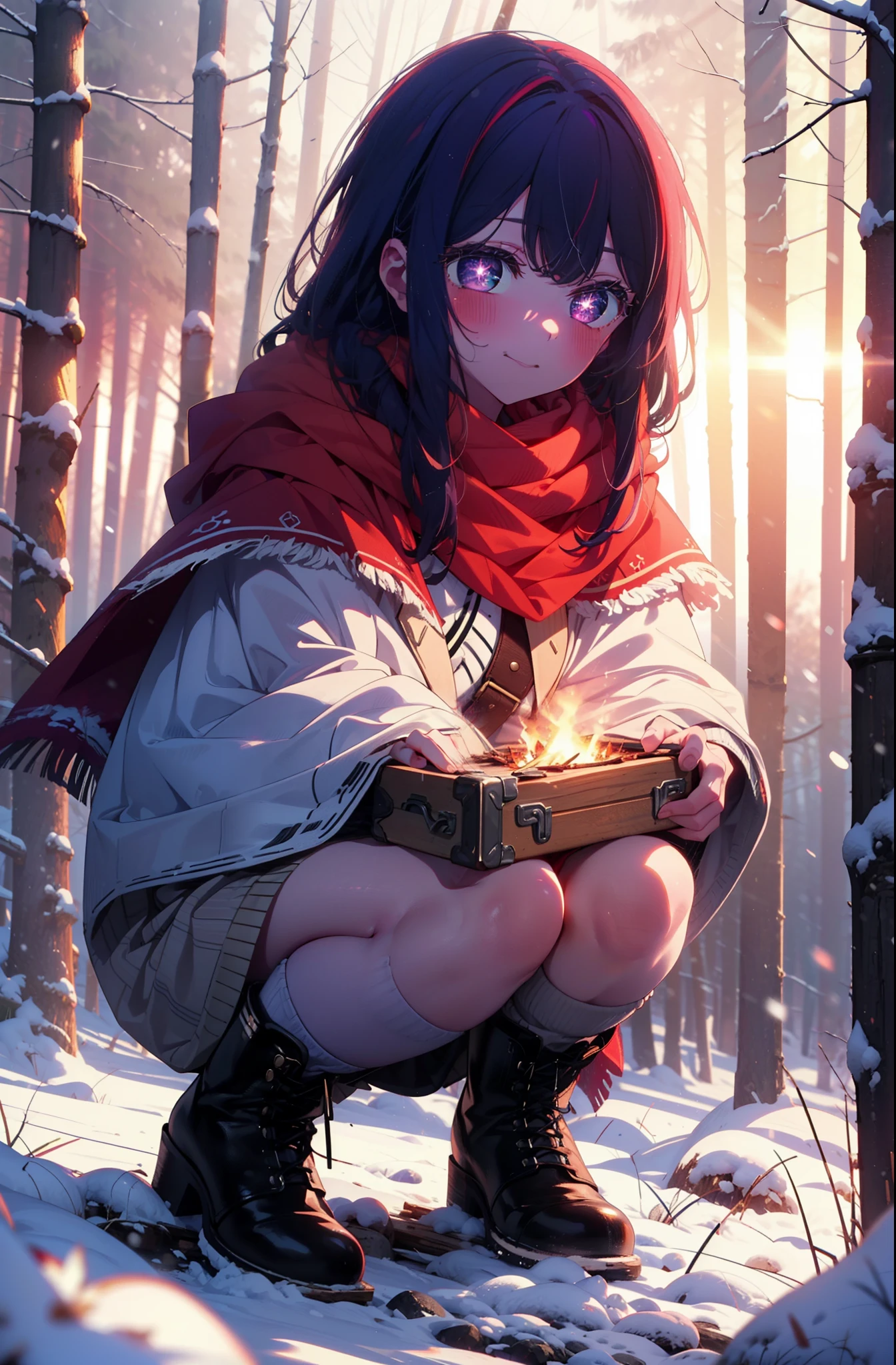 aihoshino, Ai Hoshino, Long Hair, bangs, (Purple eyes:1.1), Purple Hair, (Symbol-shaped pupil:1.5), smile,,smile,blush,White Breath,
Open your mouth,snow,Ground bonfire, Outdoor, boots, snowing, From the side, wood, suitcase, Cape, Blurred, , forest, White handbag, nature,  Squat, Mouth closed, Cape, winter, Written boundary depth, Black shoes, red Cape break looking at viewer, Upper Body, whole body, break Outdoor, forest, nature, break (masterpiece:1.2), highest quality, High resolution, unity 8k wallpaper, (shape:0.8), (Beautiful and beautiful eyes:1.6), Highly detailed face, Perfect lighting, Extremely detailed CG, (Perfect hands, Perfect Anatomy),