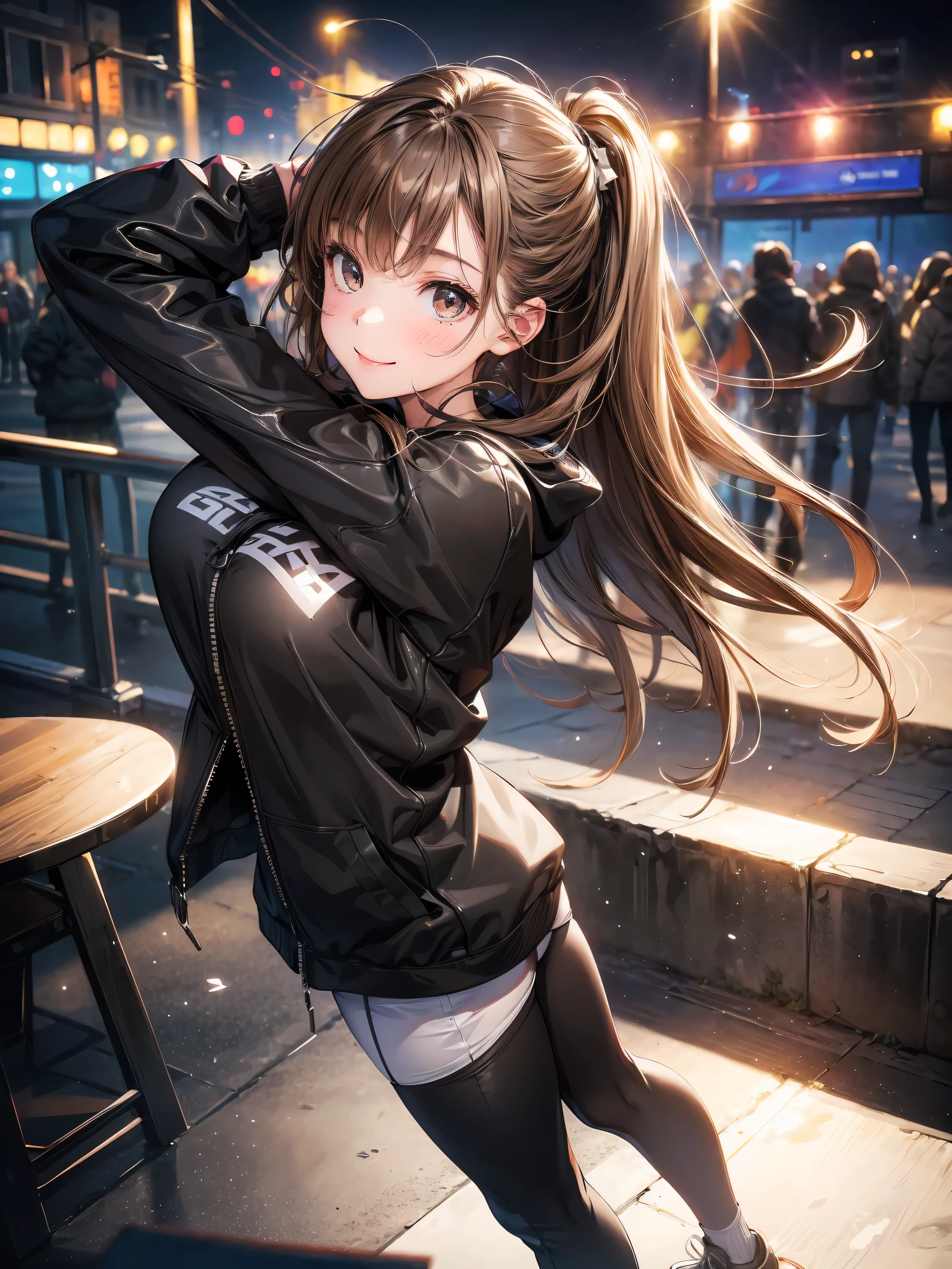 best quality, Ultra-high resolution, (Reality:1.4), 1 Girl, Oversized black jacket, White movement, (Yoga Pants:1), (Light brown hair:1.2), Looking at the audience, Smile, Foote Body, street, Urban, cosmetic, Wide Angle