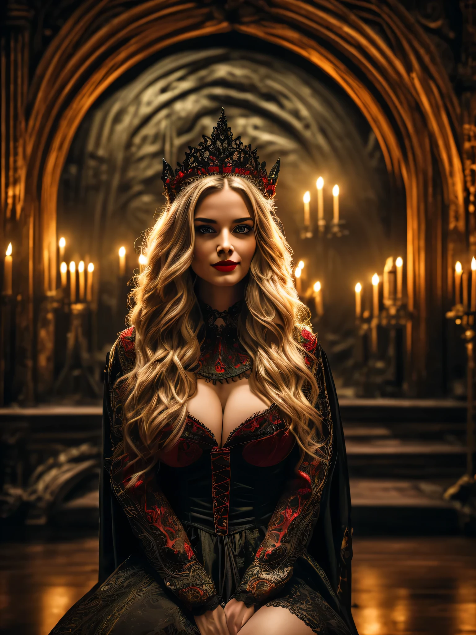 beautiful girl, 26 years old, blonde, long hair, green eyes, red lips, big breast, evil smiling, red-black gothic dress, (inside castle hall), (sitting on throne), (diadema on head), (dark atmosphere), candles,  evil atmosphere, (detailed background:1.5), (intricate environment details), (hyperdetailed), (detailed skin and hair texture)+++, (ultra realism), (8K UHD), (ultra quality), (dslr)