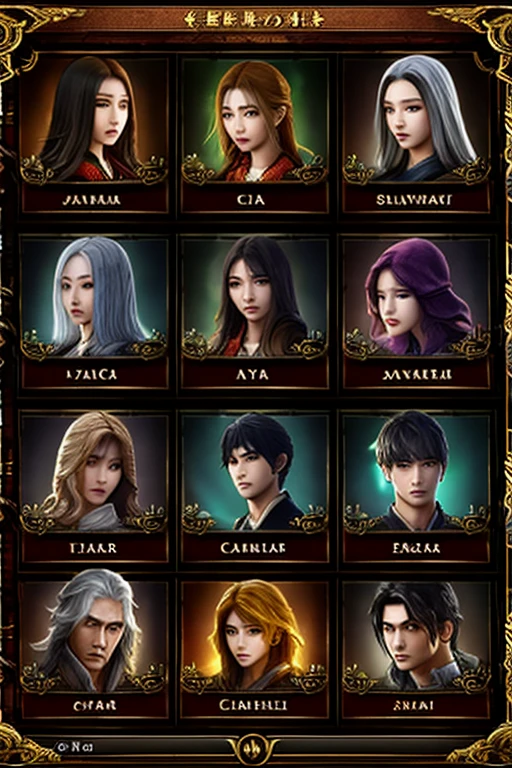 There are a bunch of screenshots of the characters，Characters side by side，Character Portraits，Baroque，Character selection screen，8k character details，In-game graphics，full character，Gothic antique theme，Highly detailed characters，ability image，entire character！Characters side by side， Computer games with user interface，Game character head design adjustment ID card selection game professional warrior mage priest archer ranger knight shield warrior hunter summoner beast trainer priest nurse dancer herbalist shaman druid chef ninja