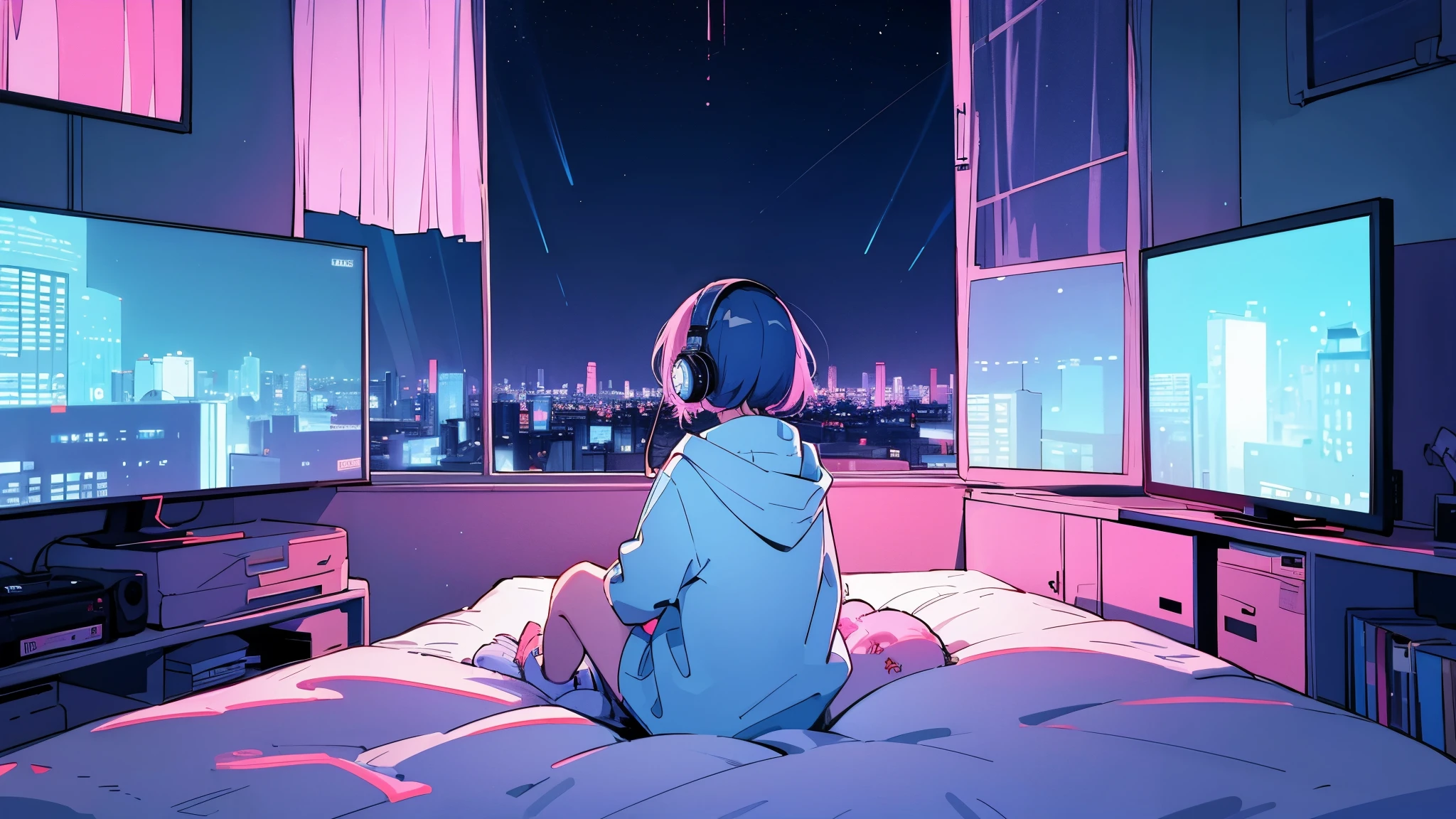Ultra wide angle, (from behind), Girl listening to music with headphones on bed, anime girl, Girl listening to music in a cozy room (night), Using headphones, on the roof, (beautiful night views from windows), Lots of things, 2D anime style, The aesthetics of anime in the 90s, lo-fi, very detailed, hard disk, A mix of anime style and Fujifilm, surreal, 8K, masterpiece