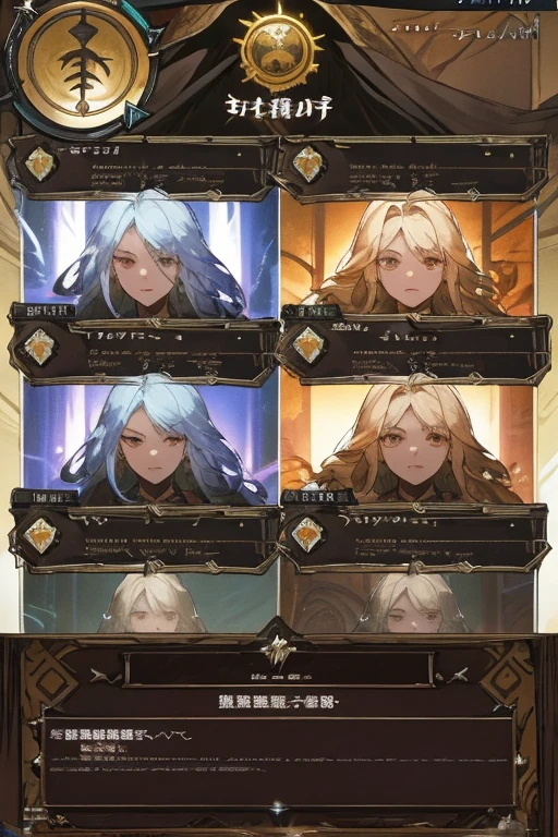 There are a bunch of screenshots of the characters,Characters side by side,Character Portraits,Baroque,Character selection screen,8k character details,In-game graphics,full character,Gothic antique theme,Highly detailed characters,ability image,entire character!Characters side by side, Computer games with user interface,Game character head design adjustment ID card selection game professional warrior mage priest archer ranger knight shield warrior hunter summoner beast trainer priest nurse dancer herbalist shaman druid chef ninja