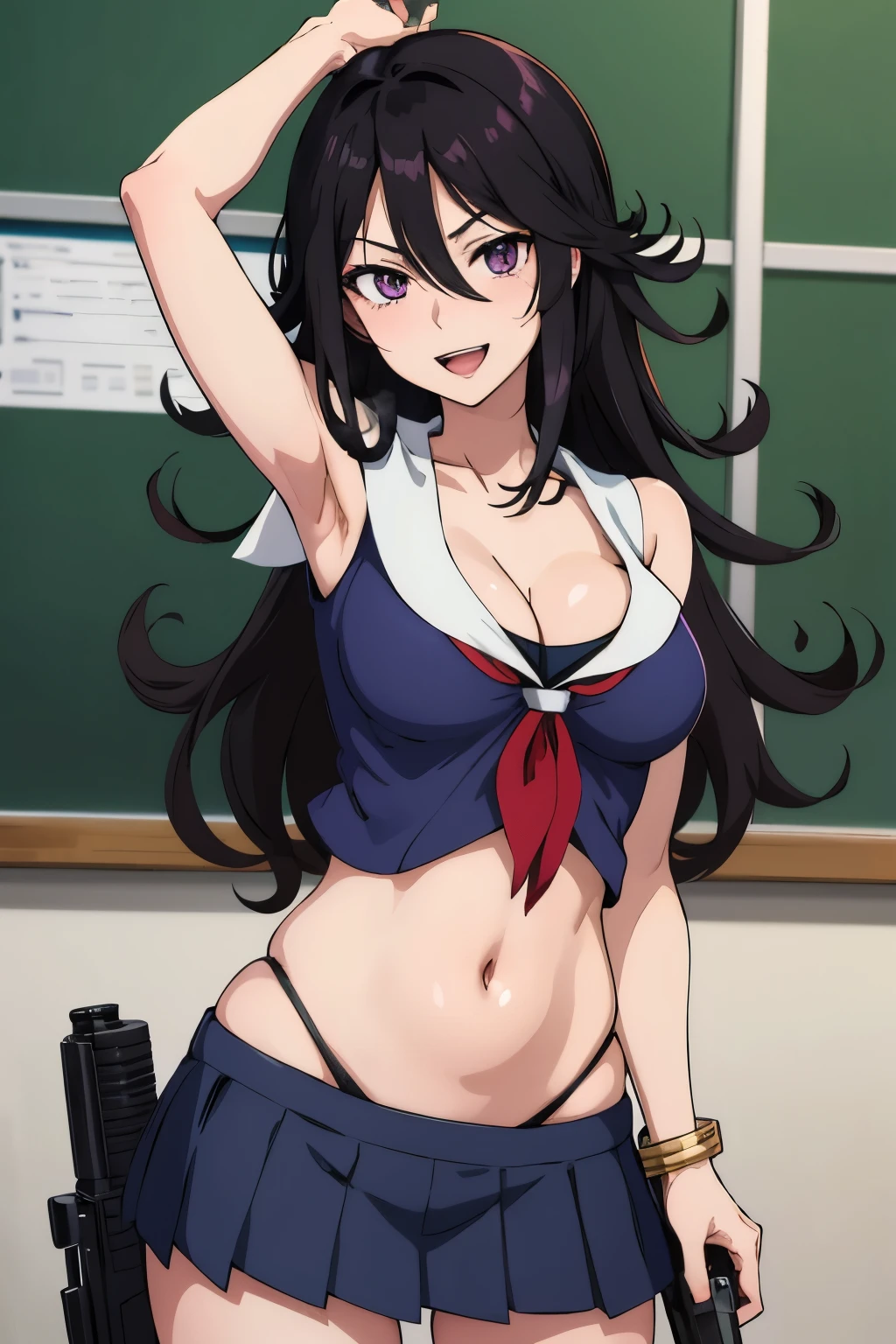 1girl, solo, long hair, black hair, cleavage, jewelry, bracelet, purple eyes, sumeragi lee noriega, , lipstick, , masterpiece, best quality, highly detailed, a anime girls in sailor uniforms with a gun posing for a picture,
evil smile, smile, open mouth,black_serafuku, ecchi anime style, anime girls , (nsfw) not safe for work,
ecchi style, ecchi, shipgirls, digital anime art!!, high school girls, holding a gun, hold a gun, anime style 4
k, micro skirt, exposed belly, exposed navel, exposed midriff,
exposed lower belly,school, classroom,