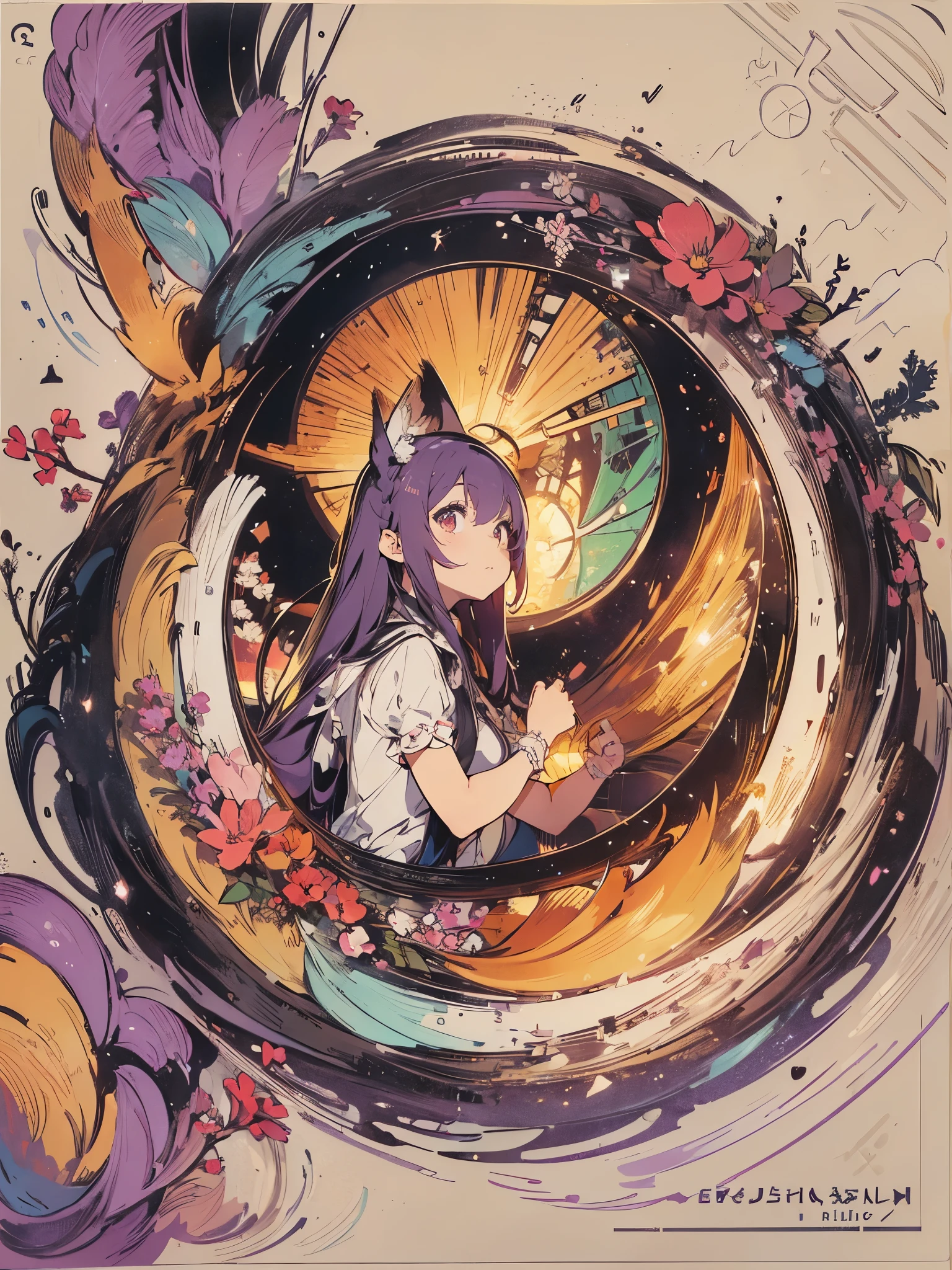 (Sketches),(eyelash:1.3),(Black background:1.2),View ViewerHigh Resolution, A cute girl with fox ears, Beautiful and fine details, Long purple hair, Pale red eyes, Original Costume、Princess Dress, Glowing Skin, 前かがみSide Shotハイコントラストの女の子, Sitting, Side Shot, (null:1.3), (masterpiece, highest quality, perspective, Depth of written border:1.2)Angry Fight