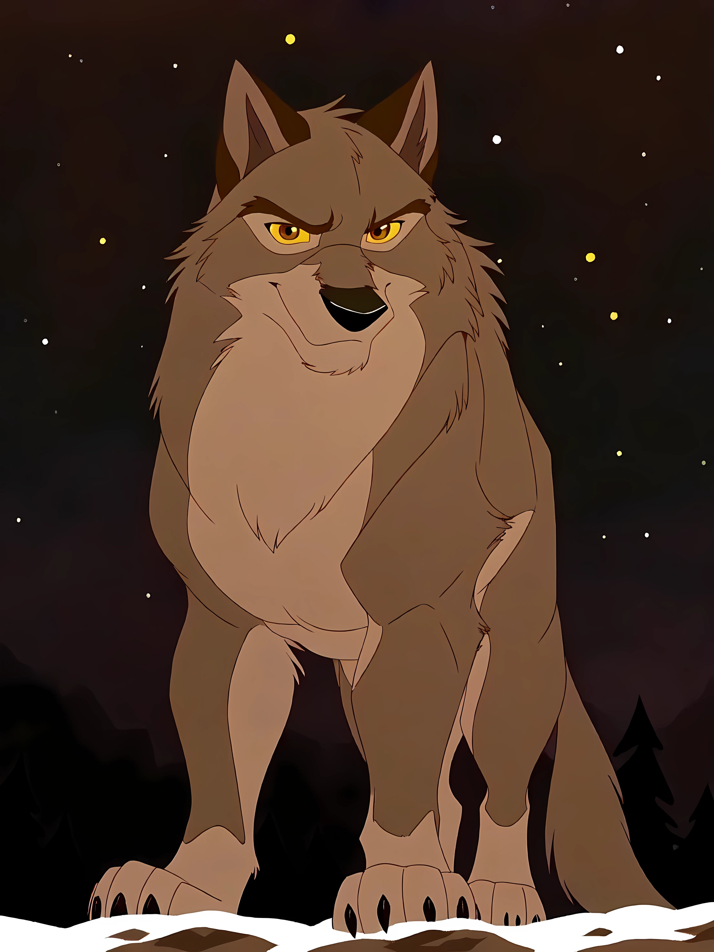 balto, full body, feral, detailed, detailed face, detailed eyes, quadruped, very muscular:1.0, pectorals:1.5, strong chest, biceps, wfa anatomy, black lineart, black outline, male, masculine, adult, wolf, wolf body, wolf tail, brown iris, yellow sclera, cartoon shading, cel shaded:1.0, strong body, confident, proud, front view, (night background, dark background):1.1, dramatic lighting, standing in shadows, bright highlights,