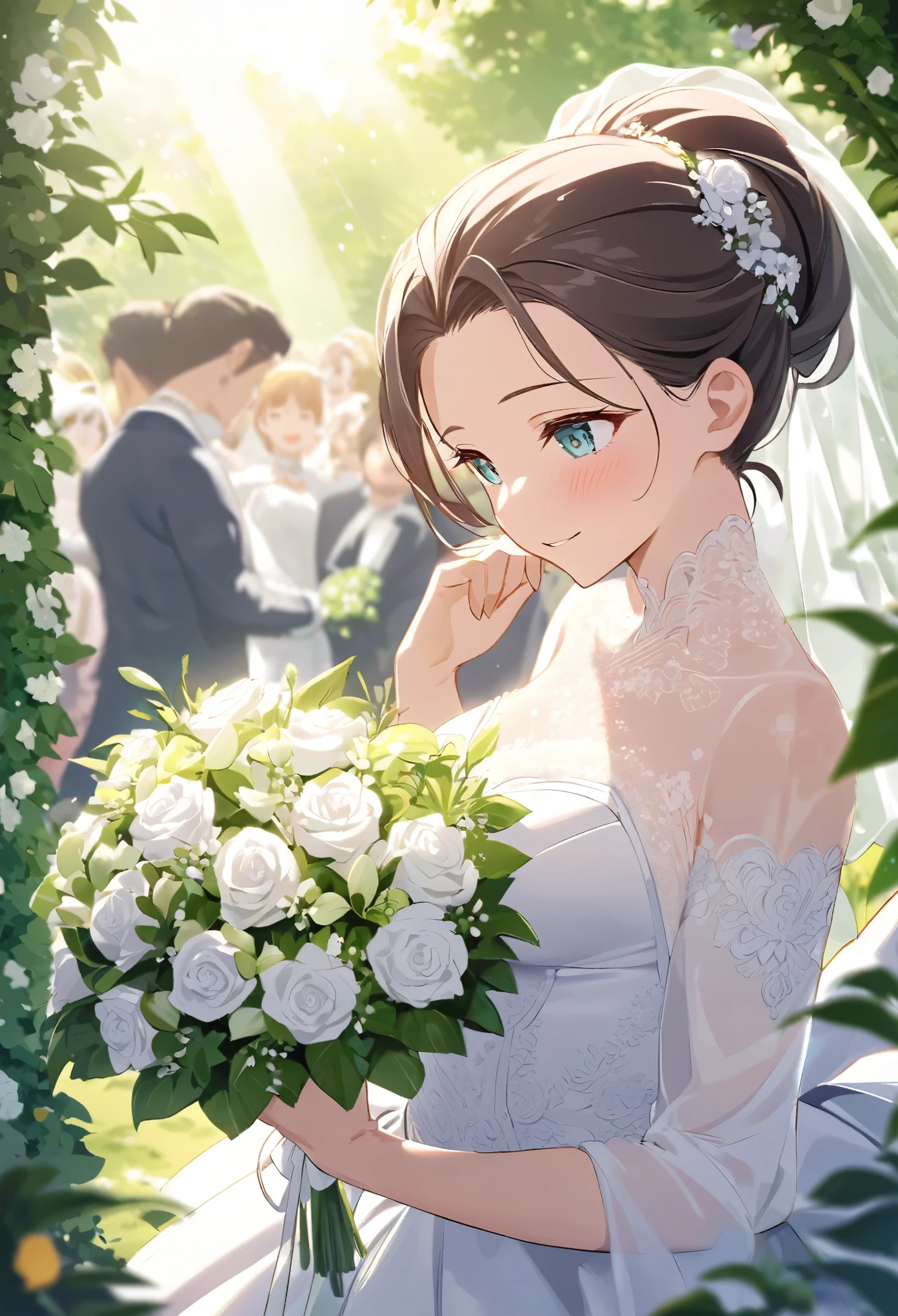 Portray a beautiful bride from the groom's point of view against the backdrop of a wedding scene taking place in a lush garden on a sunny day in June. The bride wears an elegant white wedding dress and her hair is elegantly pulled back in an updo. Her face is filled with happiness and her eyes look lovingly at the groom. The gardens are decorated with seasonal flowers and in the distance there is a clear blue sky and a shining sun. The ground is bathed in soft sunlight, emphasising the celebratory atmosphere of the wedding. The bride is surrounded by the subtle scent of flowers and fresh green leaves, enhancing the beauty and emotion of this special moment.