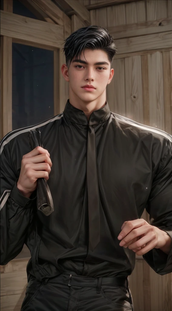 masterpiece, 1boy, young, handsome, black hair, undercut hair, perfect face, detailed eyes and face,black eyes, clean shaved, muscular, capturing a rural atmosphere, dynamic lighting, unreal engine 5