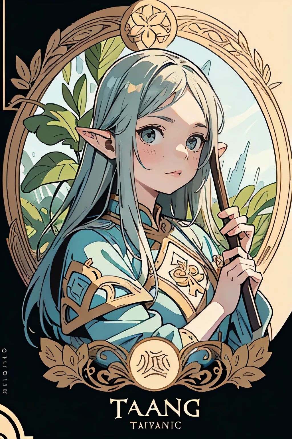 Gorgeous and beautiful Elven warrior queen tarot card, Fractal Magic, Travis Charest-style illustrations, Ink line art, Poster, Elle Fanning Model, CGSociety, Fantasy art, detailed illustration, Mysterious, Botanical masterpiece, detailed, Surreal, Elements of symbolism and surrealism, Intricate Design, Intertwined, Beautiful woman, Flowers, pastel.