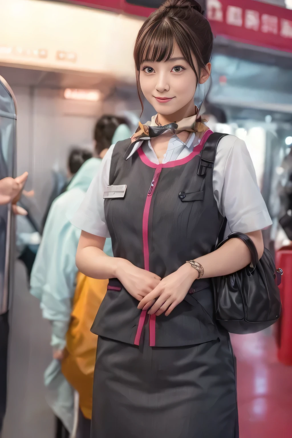 (masterpiece:1.2, highest quality:1.2), 32K HDR, High resolution, (alone、1 girl)、(At the station platform、Professional Lighting)、Background of an empty station platform、(Realistic style of JR Gran Class crew wearing uniform)、Short sleeve blouse、a scarf around the neck、(JR Gran Class flight attendant uniform with pink parts on the skirt sleeves)、(JR Gran Class flight attendant uniform with pink line on front zipper of vest)、Dark brown hair、(Hair tied up、Hair Bun、Hair Bun)、Dark brown hair、Long Shot、Big Breasts、((Great hands:2.0)),((Harmonious body proportions:1.5)),((Normal limbs:2.0)),((Normal finger:2.0)),((Delicate eyes:2.0)),((Normal eyes:2.0)))、Luxury Necklace、smile、Beautiful standing posture,Place your hands around your stomach