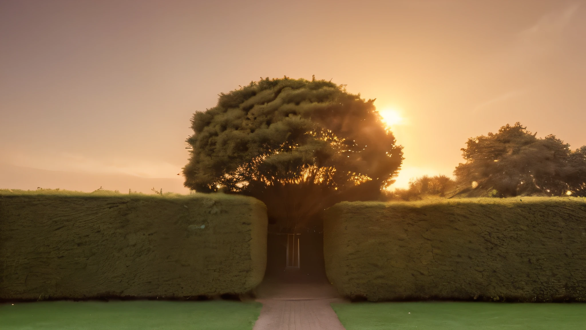 ((highest quality)), ((8k)), ((masterpiece:1.3)), (Perfect look), (Photorealism:1.6), Wide angle, hedge, A hedge stretching diagonally backwards, A small concrete house behind the hedge, Behind you々Tree, Spooky filter applied, Sunset in the background, (Sepia tone: 1.4),