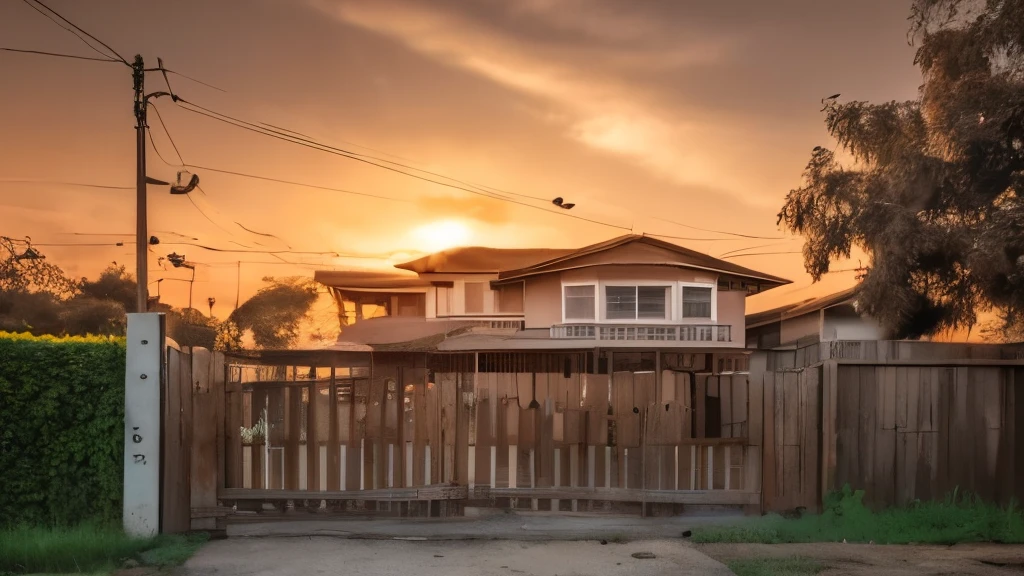 ((highest quality)), ((8k)), ((masterpiece:1.3)), (Perfect look), (Photorealism:1.6), Wide angle, Wooden fence, Fence stretching diagonally,, A small concrete house behind a fence, Behind you々Tree, Spooky filter applied, Sunset in the background, (Sepia tone: 1.4),