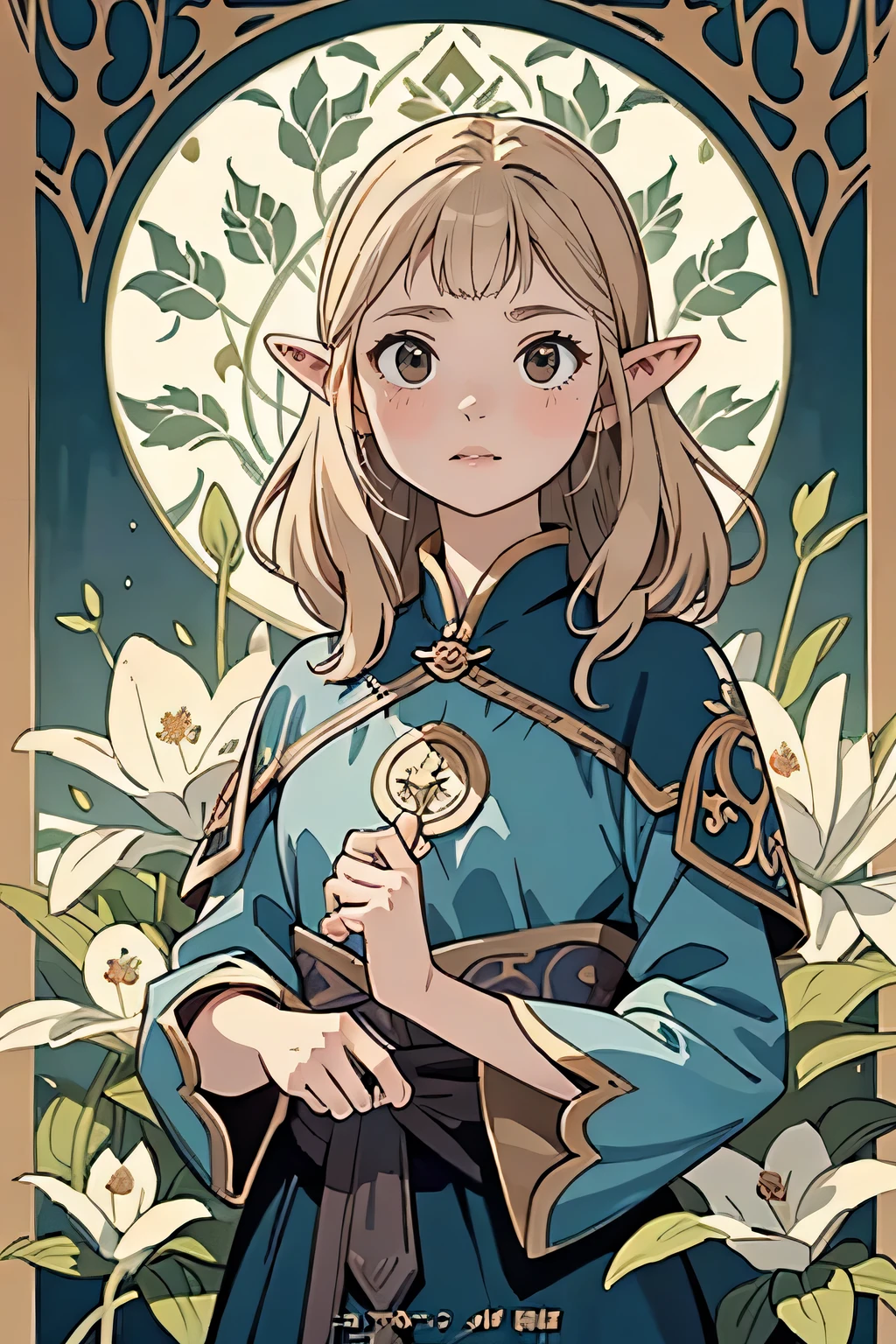Gorgeous and beautiful Elven warrior queen tarot card, Fractal Magic, Travis Charest-style illustrations, Ink line art, Poster, Elle Fanning Model, CGSociety, Fantasy art, detailed illustration, Mysterious, Botanical masterpiece, detailed, Surreal, Elements of symbolism and surrealism, Intricate Design, Intertwined, Beautiful woman, Flowers, pastel.