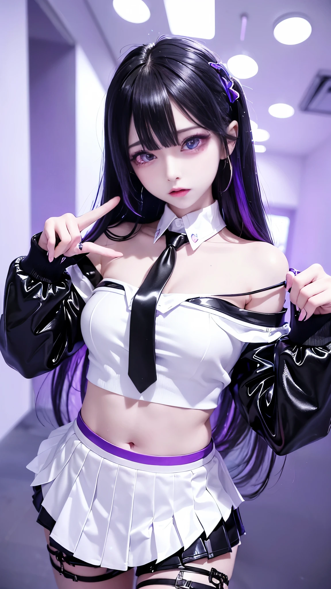 (masterpiece, highest quality, highest quality, official art, beautiful and aesthetic:1.2), Cinematic lighting、accurate human body、detailed person、Correct five-finger、RAW photo、 4K - ultra-vivid、highest quality, masterpiece, ultra high resolution, (reality: 1.4),
1 Girl、/Jet black hair/、(((/black and purple super shiny latex panties/)))、((( White shirt with tie/ , 18-year-old girl ))、please be shy、(Ahegao:1.5)、sexy pose、On the bed in a love hotel、(((uv light、/Fluorescent black light lighting/)))、A dimly lit, lewd room、Desaturation in the room
(((oil skin,sparkling skin、realistic skin texture、detailed beautiful skin、shiny skin)))、
upper body shot, camera angle is low, Depth of the bounds written, Focus on the center, fine eyes, perfect face and eyes、
1 girl、
17 years old, (jirai Makeup), (white skin), (T-shirt and skirt), (Show below ), (Fishnet tights), (belly button jewelry), (pierced ears), (Pierced Lips), /purple eyes/, /long black emo hair/, (super big breasts), (8K), (wallpaper), (dynamic lighting), (detailed face and eyes:1.2)、short skirt、Thick-soled low-cut boots and large shirts、off shoulder,