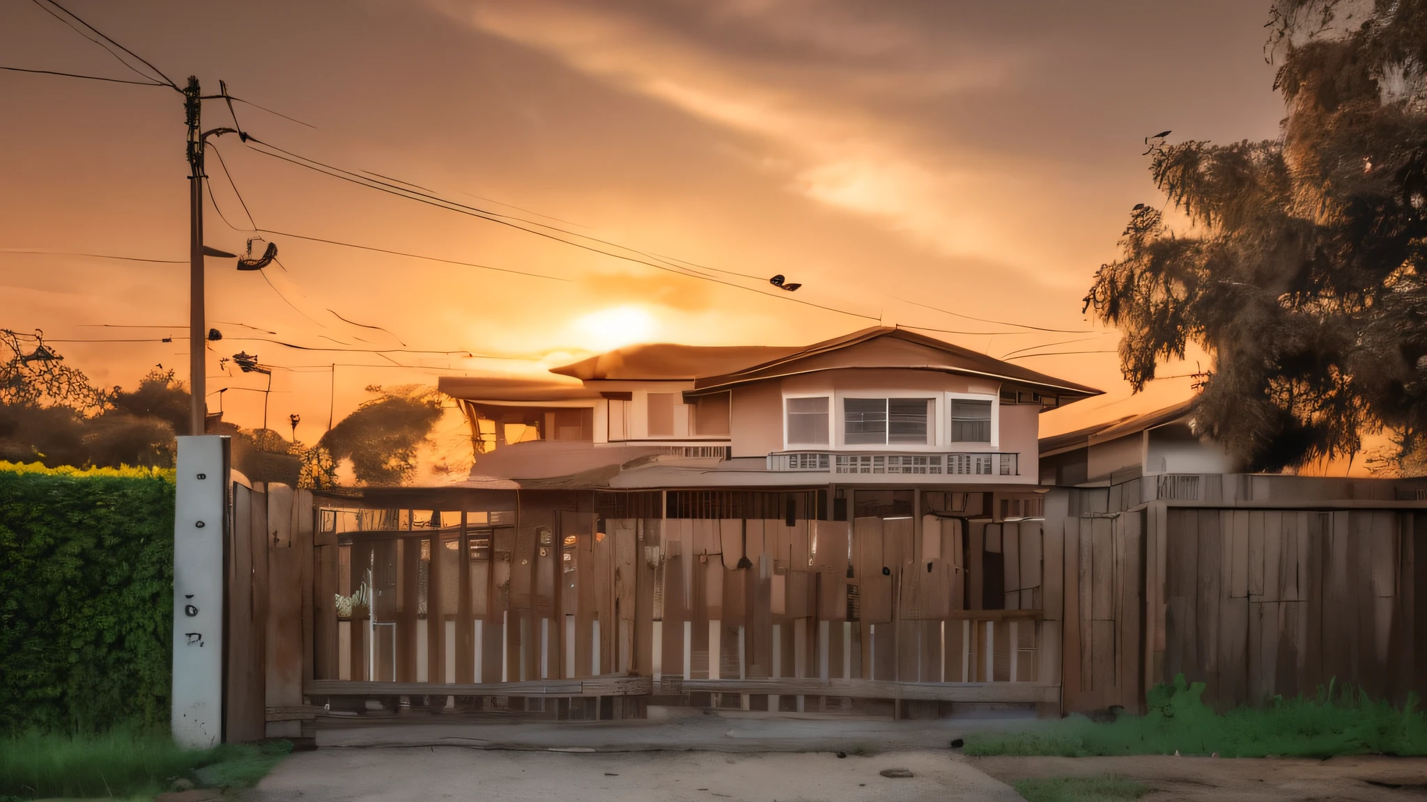 ((highest quality)), ((8k)), ((masterpiece:1.3)), (Perfect look), (Photorealism:1.6), Wide angle, Wooden fence, Fence stretching diagonally,, A small concrete house behind a fence, Behind you々Tree, Spooky filter applied, Sunset in the background, (Sepia tone: 1.4),