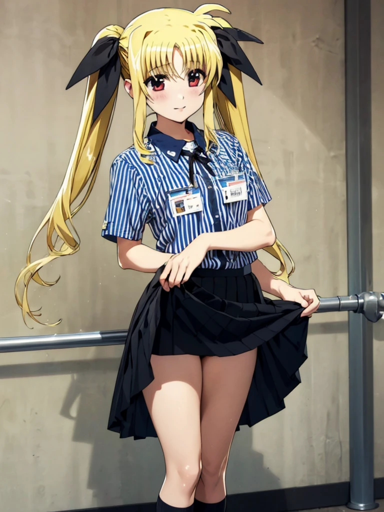 nsfw , Fate Testarossa , lyrical nanoha , (((highres official art))) , (((1girl))) , (((solo))) , (((blondehair))) , (((twintails))) , (((black ribbon))) , best quality, highres, yo, lawson uniform, employee uniform, shirt, name tag, short sleeves, striped shirt, striped, vertical-striped shirt, blue shirt, vertical stripes, alternate costume,(((lift skirt))), (((skirt hold))) , (((no panties))) 