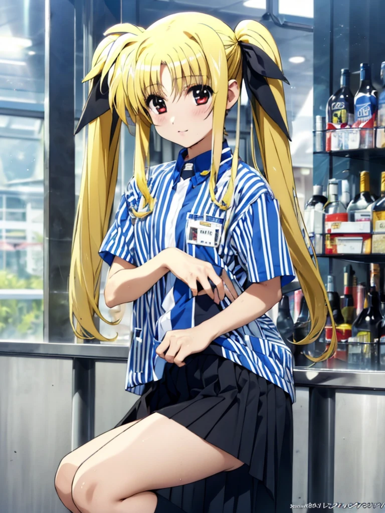 nsfw , Fate Testarossa , lyrical nanoha , (((highres official art))) , (((1girl))) , (((solo))) , (((blondehair))) , (((twintails))) , (((black ribbon))) , best quality, highres, 12yo, lawson uniform, employee uniform, shirt, name tag, short sleeves, striped shirt, striped, vertical-striped shirt, blue shirt, vertical stripes, alternate costume,(((lift skirt))), (((skirt hold))) , (((no panties))) 