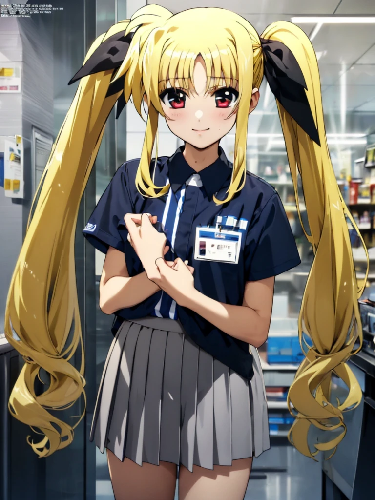 nsfw , Fate Testarossa , lyrical nanoha , (((highres official art))) , (((1girl))) , (((solo))) , (((blondehair))) , (((twintails))) , (((black ribbon))) , best quality, highres, 12yo, lawson uniform, employee uniform, shirt, name tag, short sleeves, striped shirt, striped, vertical-striped shirt, blue shirt, vertical stripes, alternate costume,(((lift skirt))), (((skirt hold))) , (((no panties))) 