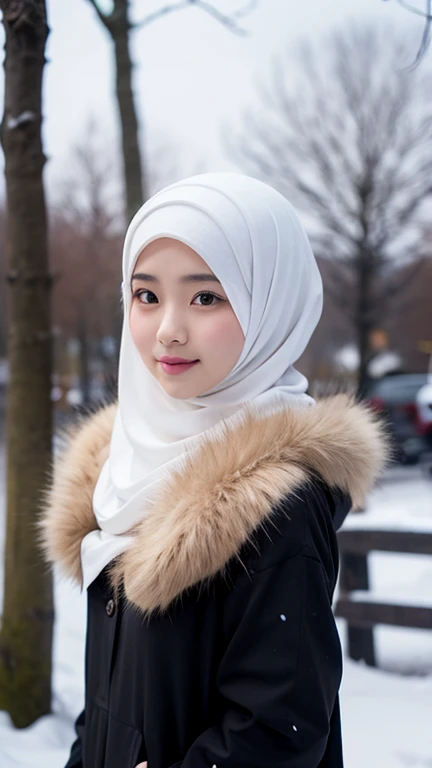 Japanese muslim girl, Modern plain hijab, perfect body figure, Girl wearing long fur coat, with hood, snow landscape