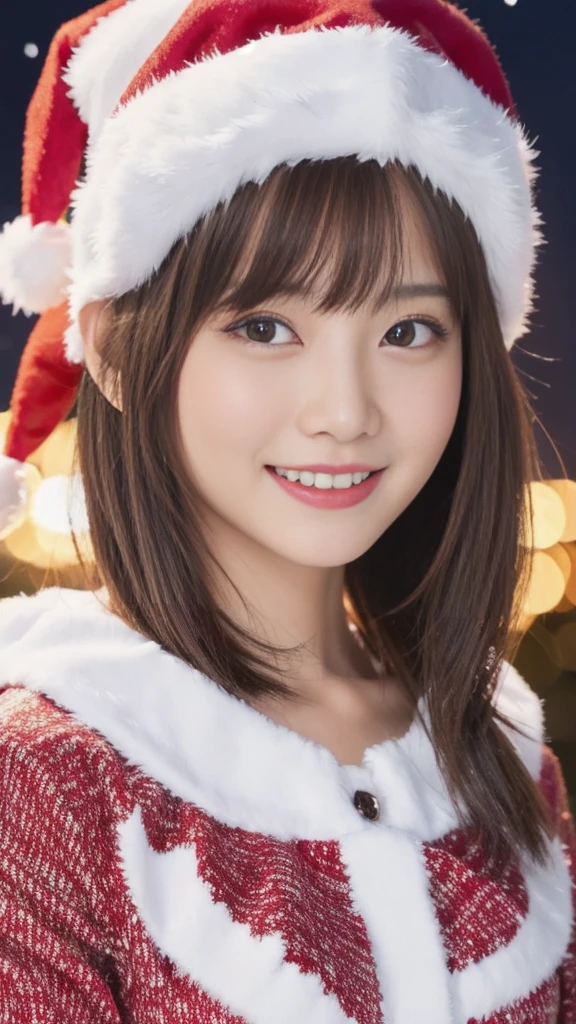 A Cute Yange Japanese girl in Santa Claus costume,(symmetry:1.0),slender figure, (ultra short hair:1.2), (ultra big smile),beautiful detailed eyes and lips, extremely detailed face, natural makeup, best quality, 4k, 8k, highres, masterpiece, ultra-detailed, realistic, photorealistic, photo-realistic, professional, vivid , studio lighting, snowing night town,christmas eve
