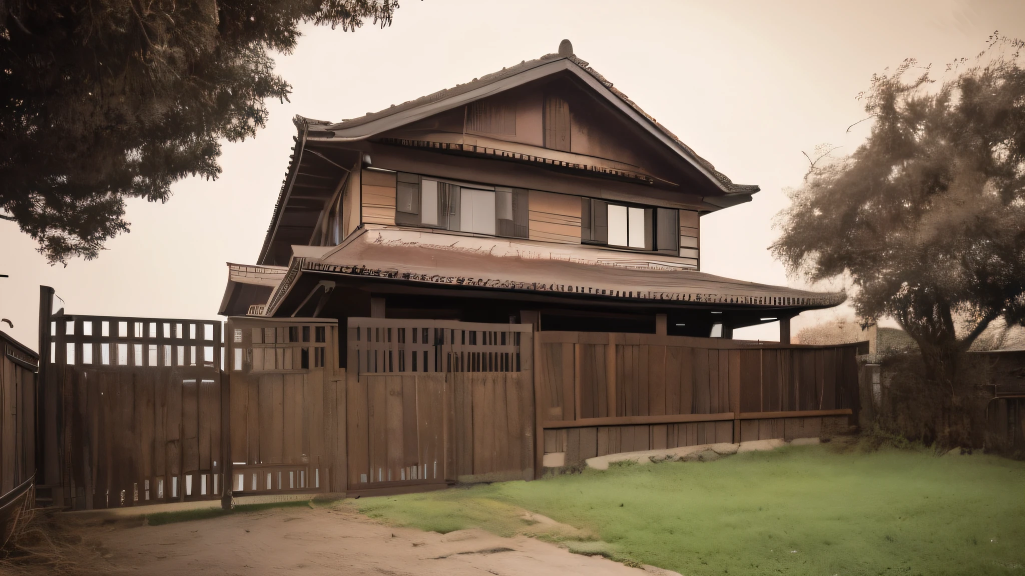 ((highest quality)), ((8k)), ((masterpiece:1.3)), (Perfect look), (Photorealism:1.6), Wide angle, Wooden fence, Diagonal front angle, A small concrete house behind a fence, Behind you々Tree, Spooky filter applied, Sepia tone,