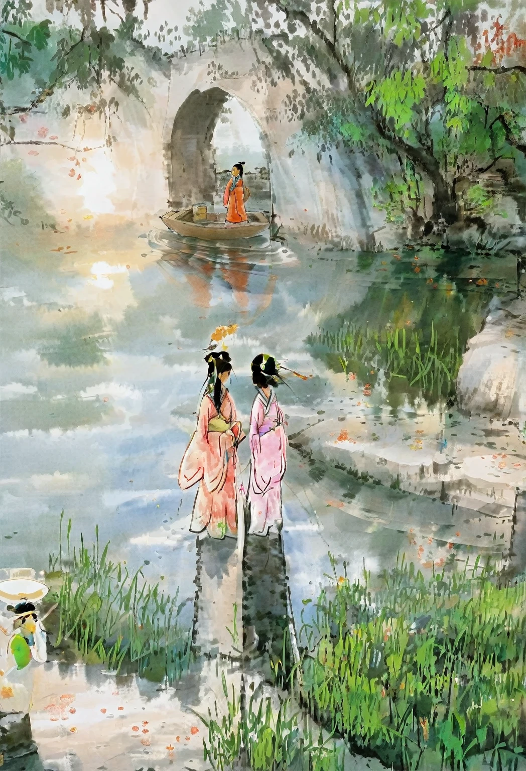 这是Ink Painting,Fan Zeng style,大写意Ink Painting,((Ink Painting)),bridge,Boat,Two women,目送Boat只,Afternoon light,International Oil Painting Master,masterpiece,International Art Exhibition Award-winning Works,Ink Painting效果明显,Rice paper,Graininess,