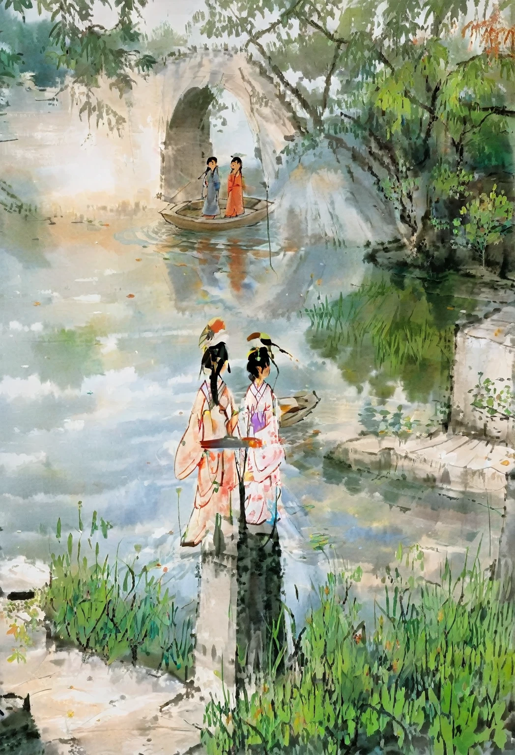 这是Ink Painting，Fan Zeng style，大写意Ink Painting，（（Ink Painting）），bridge，Boat，Two women，目送Boat只，Afternoon light，International Oil Painting Master，masterpiece，International Art Exhibition Award-winning Works，Ink Painting效果明显，Rice paper，Graininess，