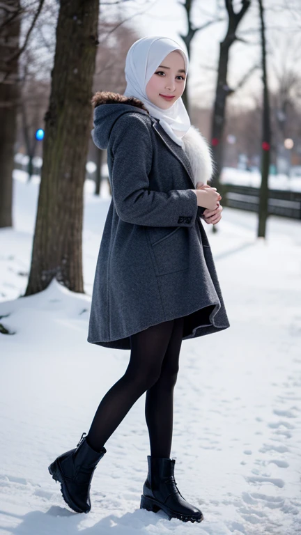 Japanese muslim girl, Modern plain hijab, perfect body figure, Girl wearing long fur coat, with hood, snow landscape