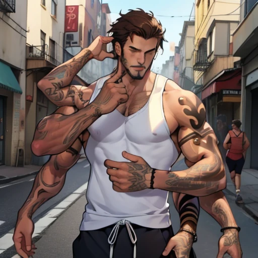 (four arms)one 28 year old man with lean physique, brown hair, stubble, on the street, tattoos