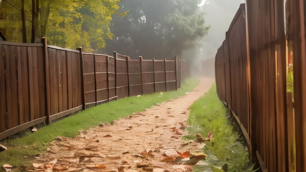 ((highest quality)), ((8k)), ((masterpiece:1.3)), (Perfect look), (Photorealism:1.6), Wide angle, Wooden fence, Fence stretching diagonally, Behind you々Tree, Spooky filter applied, Sepia tone,