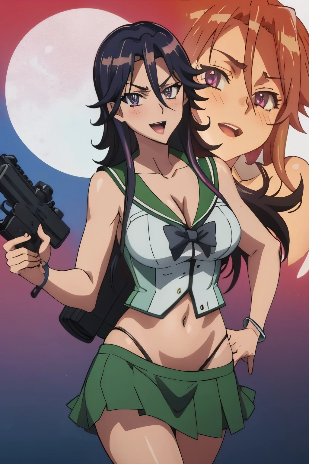 1girl, solo,  long hair, black hair, cleavage, jewelry, bracelet, purple eyes,  sumeragi lee noriega, , blush, lipstick,  ,  masterpiece, best quality, highly detailed, a anime girls in sailor uniforms with a gun posing for a picture,
evil smile, smile, open mouth,black_serafuku, ecchi anime style, anime girls , 
ecchi style, ecchi, shipgirls, digital anime art!!, high school girls, holding a gun, hold a gun, anime style 4
k, micro skirt, exposed belly, exposed navel, exposed midriff,
exposed lower belly,school, classroom, navel piercing