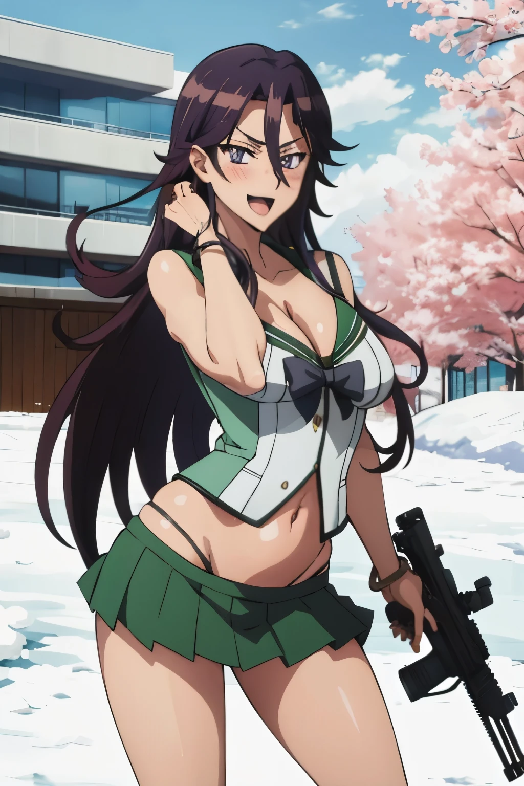 1girl, solo, long hair, black hair, cleavage, jewelry, bracelet, purple eyes, sumeragi lee noriega, , blush, lipstick, , masterpiece, best quality, highly detailed, a anime girls in sailor uniforms with a gun posing for a picture,
evil smile, smile, open mouth,black_serafuku, ecchi anime style, anime girls ,
ecchi style, ecchi, shipgirls, digital anime art!!, high school girls, holding a gun, hold a gun, anime style 4
k, micro skirt, exposed belly, exposed navel, exposed midriff,
exposed lower belly,school, classroom, navel piercing