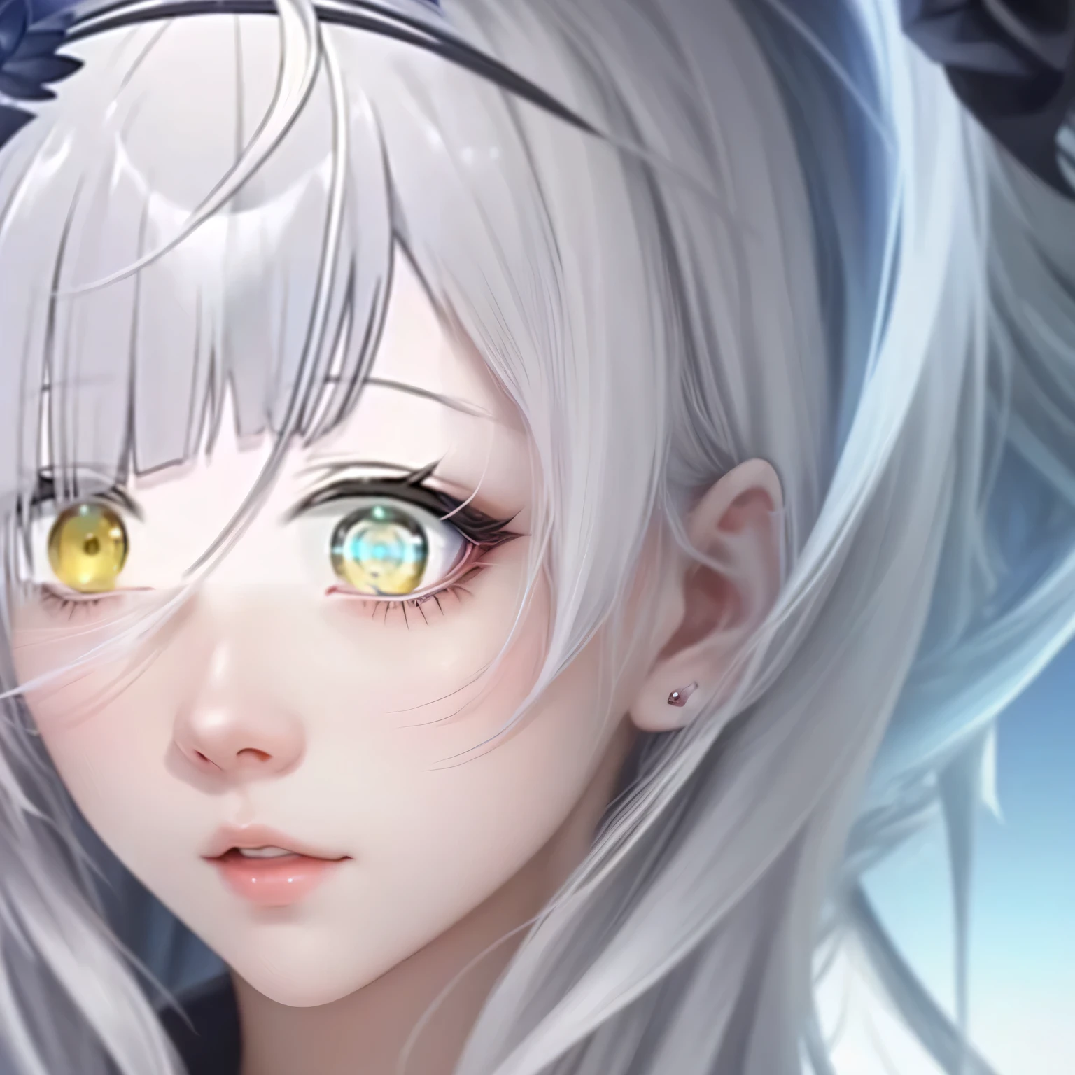anime girl with white hair and blue eyes staring at something, ahegao face, white haired deity, ahegao, white haired, detailed anime soft face, holo is a wolf girl, gray haired, detailed anime face, white-haired, it has a piercing gaze, close up of a young anime girl, huge anime eyes, perfect anime face, perfect white haired girl