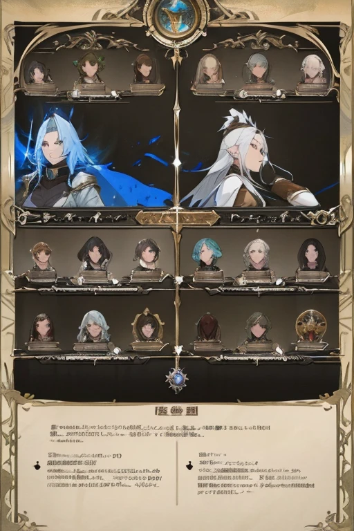 There are a bunch of screenshots of the characters,Characters side by side,Character Portraits,Baroque,Character selection screen,8k character details,In-game graphics,full character,Gothic antique theme,Highly detailed characters,ability image,entire character!Characters side by side, Computer games with user interface,Game character head design adjustment ID card selection game professional warrior mage priest archer ranger knight shield warrior hunter summoner beast trainer priest nurse dancer herbalist shaman druid chef ninja