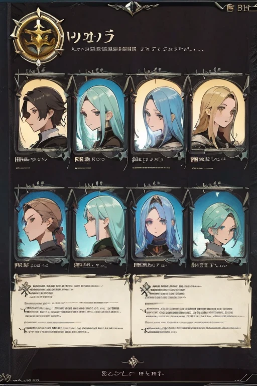There are a bunch of screenshots of the characters,Characters side by side,Character Portraits,Baroque,Character selection screen,8k character details,In-game graphics,full character,Gothic antique theme,Highly detailed characters,ability image,entire character!Characters side by side, Computer games with user interface,Game character head design adjustment ID card selection game professional warrior mage priest archer ranger knight shield warrior hunter summoner beast trainer priest nurse dancer herbalist shaman druid chef ninja