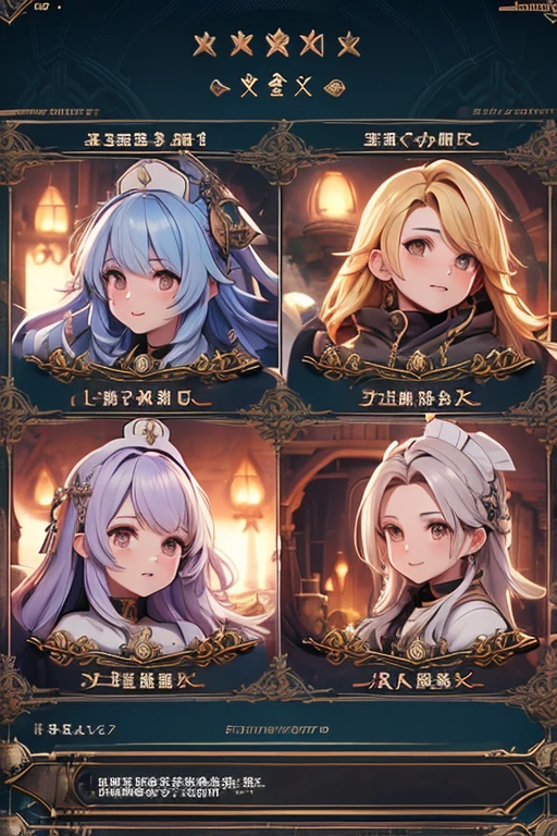 There are a bunch of screenshots of the characters,Characters side by side,Character Portraits,Baroque,Character selection screen,8k character details,In-game graphics,full character,Gothic antique theme,Highly detailed characters,ability image,entire character!Characters side by side, Computer games with user interface,Game character head design adjustment ID card selection game professional warrior mage priest archer ranger knight shield warrior hunter summoner beast trainer priest nurse dancer herbalist shaman druid chef ninja