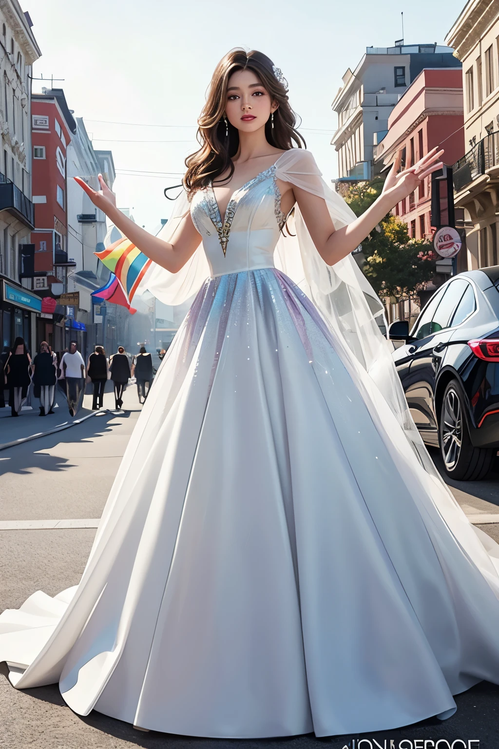Fantasy art, photorealism, dynamic lighting, artstation, poster, volumetric lighting, very detailed faces, vibrant splash colors, long hair flowing in the wind, fashionable evening gown dress adorned with a rainbow diamond, proudly waving one hand in a parade car celebrating Pride Month, standing half-body against the backdrop of a rainbow wave, slim white person with a radiant skin tone, modelling latest fashion trends, standing in the parade car, dressed in a stunning gown, with a smattering of white highlights accentuating the outfit and her slim body. The image is a masterpiece, a high-quality, ultra-detailed illustration with beautifully