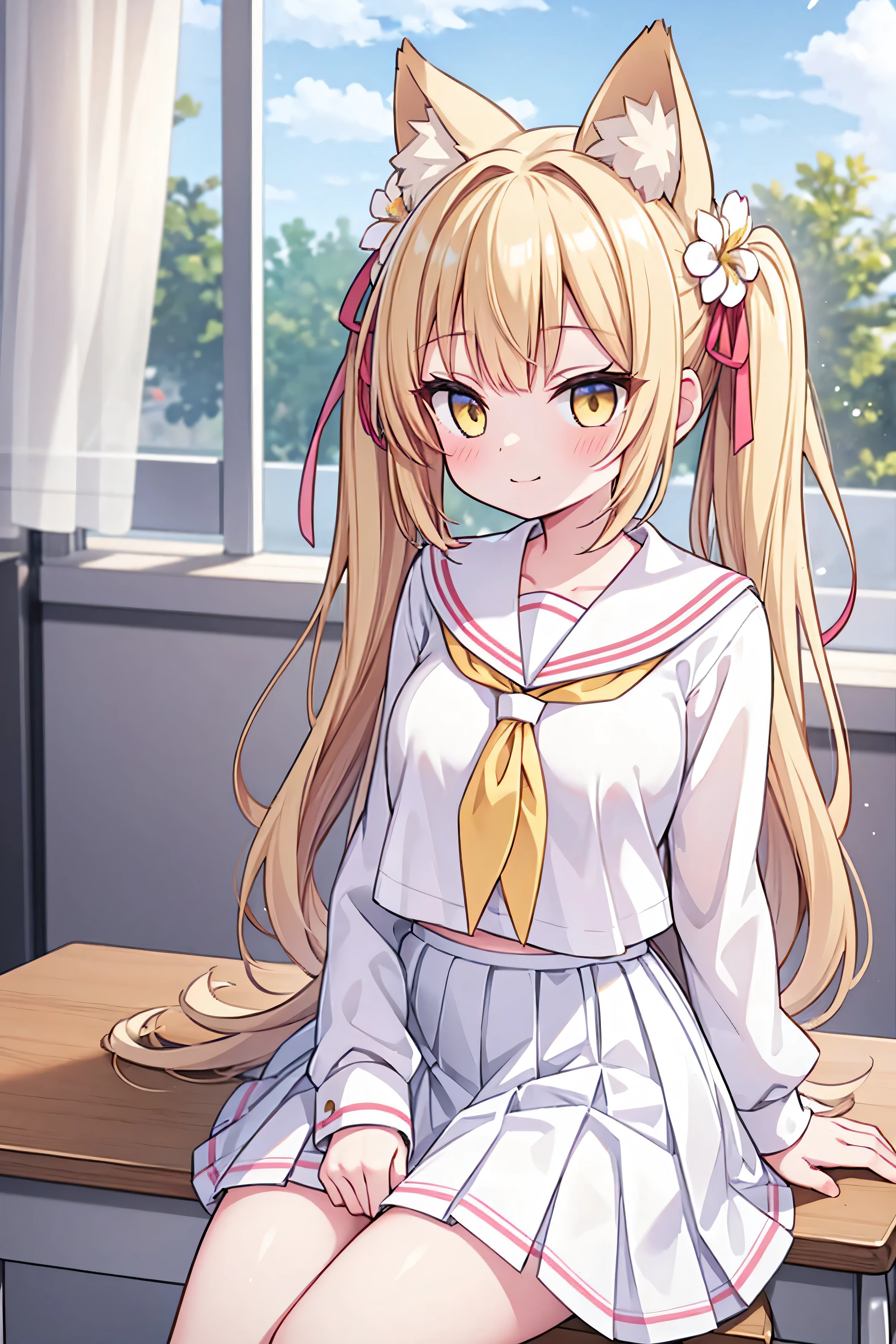 masterpiece, top quality, super detailed, CG illustration, high resolution, better lighting, best shadows, very delicate and beautiful, proper shading, hd, 8k,1girl, solo, long hair, breasts, looking at viewer, blush, smile, bangs, skirt, blonde hair, shirt, hair ornament, long sleeves, ribbon, animal ears, twintails, sitting, closed mouth, , hair ribbon, yellow eyes, white shirt, flower, pleated skirt, serafuku, alternate costume, indoors, hair flower, sailor collar, neckerchief, animal ear fluff, fox ears, window, chair, hair intakes, white skirt, curtains, pink flower, desk, long skirt, white sailor collar, classroom, school desk, yellow neckerchief, on desk, school chair, sitting on desk