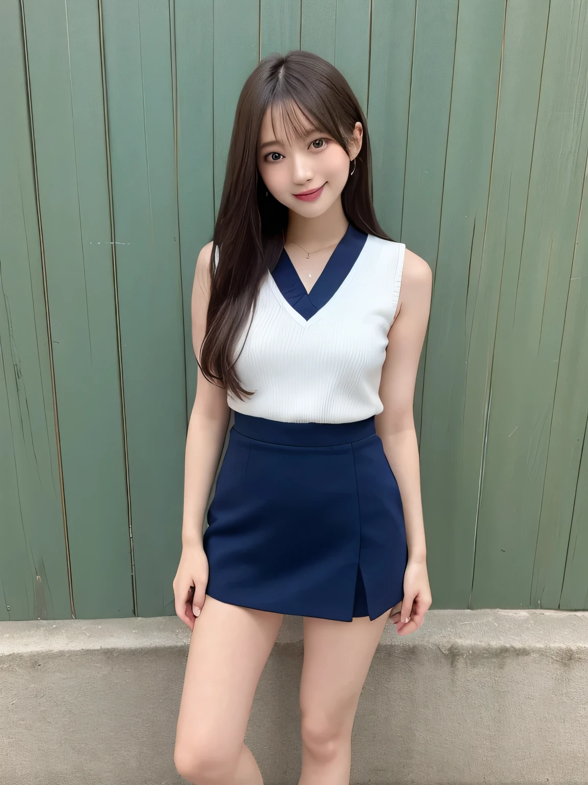 In detail,Full body photo、Blonde、 One high school girl、High resolution, high quality、Slim body、Perfect dynamic composition, Beautiful fine details, Short Hair、Natural color lip,Kamimei、14-year-old girl、Clear Skin、Sleeveless navy blue sailor suit、Green mini skirt、Thighs、Shiny Hair、最high quality, figure, Very detailed, In detail, High resolution, 8k、The correct state of the human body、Sculpture model pose,Blue Wall,View your viewers、Thighs are visible、smile、