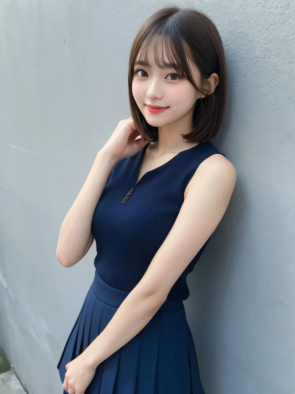 In detail,Full body photo、Blonde、 One high school girl、High resolution, high quality、Slim body、Perfect dynamic composition, Beautiful fine details, Short Hair、Natural color lip,Kamimei、14-year-old girl、Clear Skin、Sleeveless navy blue sailor suit、Green mini skirt、Thighs、Shiny Hair、最high quality, figure, Very detailed, In detail, High resolution, 8k、The correct state of the human body、Sculpture model pose，Blue Wall,View your viewers、Thighs are visible、smile、