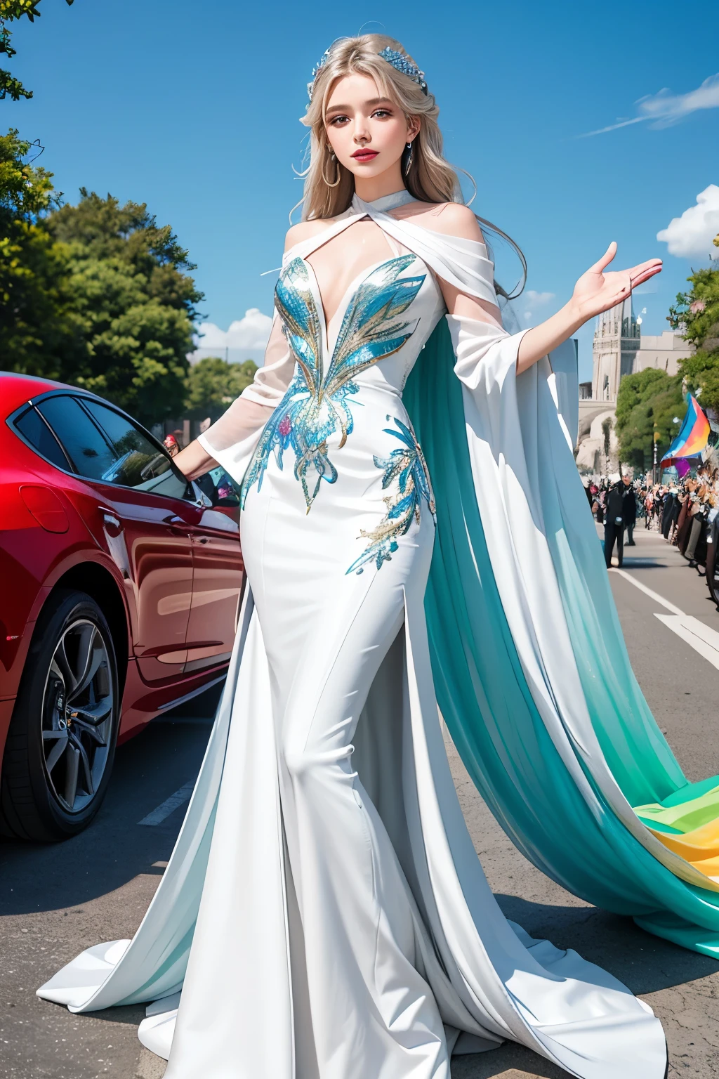 Fantasy art, photorealism, dynamic lighting, artstation, poster, volumetric lighting, very detailed faces, vibrant splash colors, long hair flowing in the wind, fashionable evening gown dress adorned with a rainbow diamond, proudly waving one hand in a parade car celebrating Pride Month, standing half-body against the backdrop of a rainbow wave, slim white person with a radiant skin tone, modelling latest fashion trends, standing in the parade car, dressed in a stunning gown, with a smattering of white highlights accentuating the outfit and her slim body. The image is a masterpiece, a high-quality, ultra-detailed illustration with beautifully
