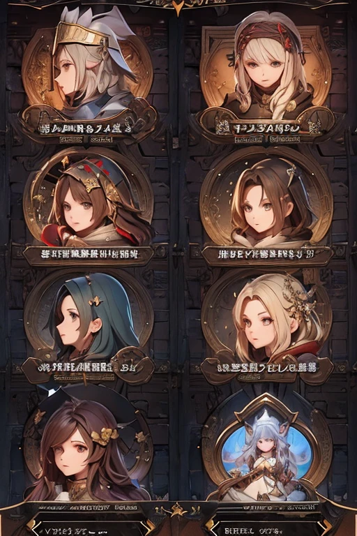There are a bunch of screenshots of the characters，Characters side by side，Character Portraits，Baroque，Character selection screen，8k character details，In-game graphics，full character，Gothic antique theme，Highly detailed characters，ability image，entire character！Characters side by side， Computer games with user interface，Game character head design adjustment ID card selection game professional warrior mage priest archer ranger knight shield warrior hunter summoner beast trainer priest nurse dancer herbalist shaman druid chef ninja