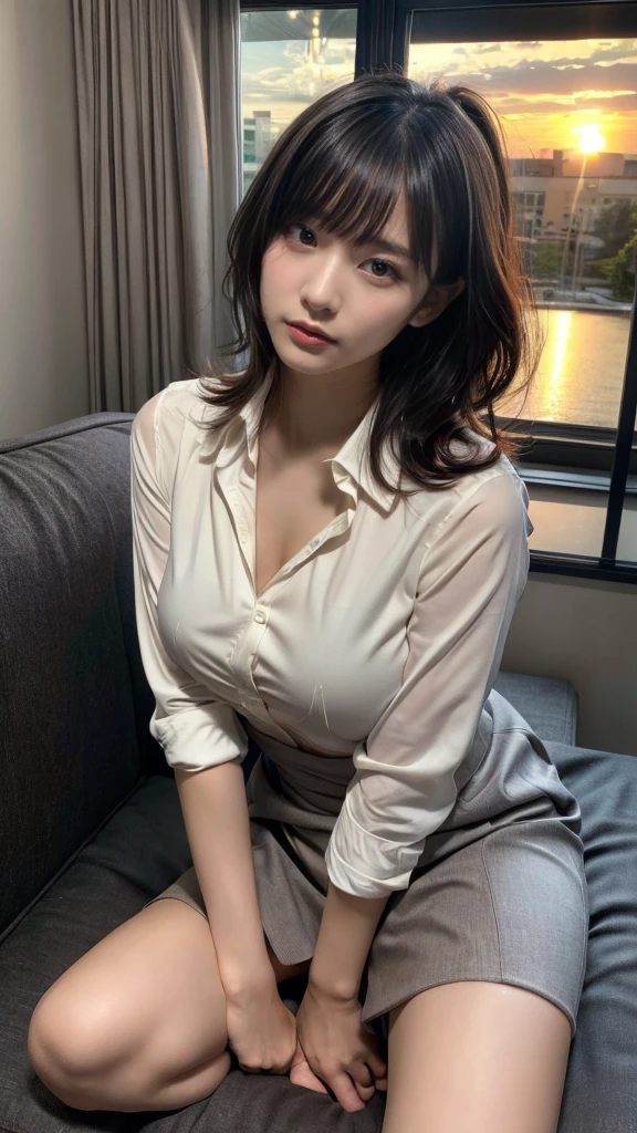 masterpiece, best quality, illustration, Super detailed, fine details, High resolution, 8K,wall paper, perfect dynamic composition,(Details High quality, realistic depiction of eyes:1.3), short hair, (wavy hair:1.2), Office Lady, ,Suit,Collared shirt, Black Suit,Black jacket, huge breasts, expresses the roundness and softness of your chest, black hair color, Big Natural Color Lip, bold sexy pose, crying a little、cold gaze, Harajuku style、20 year old girl、cute type、ta、beautiful legs, hotel room, full body photo、focus on crotch, hposing Gravure Idol, Sexy shot looking at camera, Sunset, by the window, Summer, make up, Curve