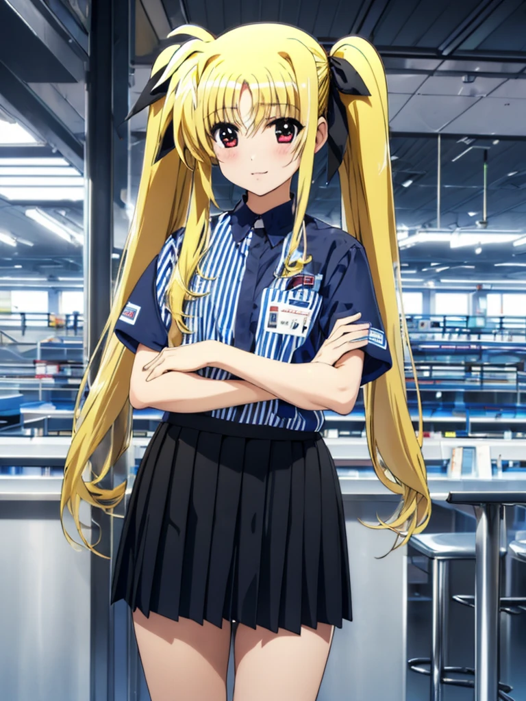 nsfw , Fate Testarossa , lyrical nanoha , (((highres official art))) , (((1girl))) , (((solo))) , (((blondehair))) , (((twintails))) , (((black ribbon))) , best quality, highres, 12yo, lawson uniform, employee uniform, shirt, name tag, short sleeves, striped shirt, striped, vertical-striped shirt, blue shirt, vertical stripes, alternate costume,(((lift skirt))), (((skirt hold))) , (((no panties))) 