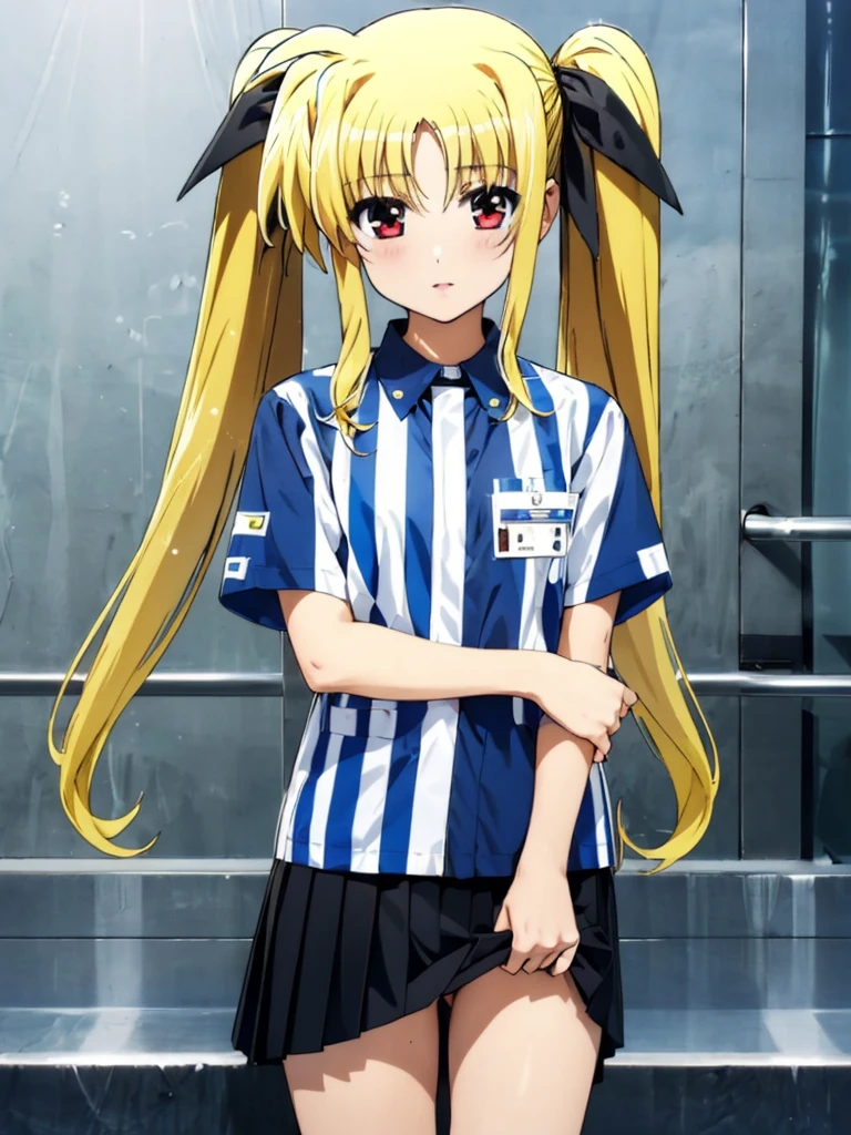 nsfw , Fate Testarossa , lyrical nanoha , (((highres official art))) , (((1girl))) , (((solo))) , (((blondehair))) , (((twintails))) , (((black ribbon))) , best quality, highres, 12yo, lawson uniform, employee uniform, shirt, name tag, short sleeves, striped shirt, striped, vertical-striped shirt, blue shirt, vertical stripes, alternate costume,(((lift skirt))), (((skirt hold))) , (((no panties))) 