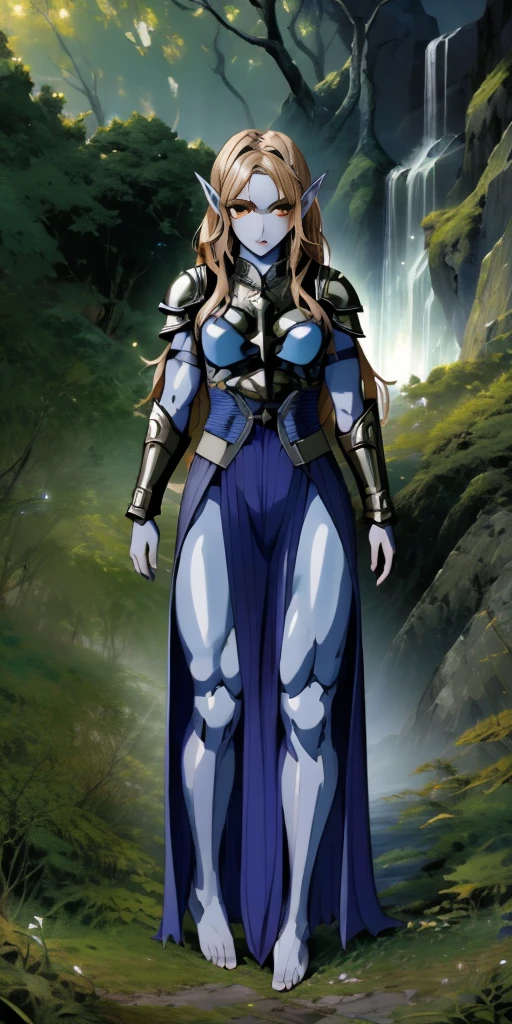 masterpiece, best quality, CG, wallpaper, HDR, high quality, high-definition, extremely detailed, full body toe to head female drow, colored skin, dark elf, blue skin, grey skin, pointy ears, cape, armor, looking at viewer, 1girl, forest, dark forest, mythical forest, dimmed light, brown eyes, long hair, chibi